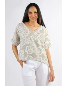 Easy V neck tops are perfect summer staple and these fit the bill perfectly. In an overall Ikat Print, the top in washed linen, drop sleeves and a V neck makes the perfect case for an everyday elevated dressing. Style with easy Linen pants. 26232.
