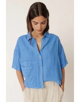 Indi and Cold Crop Linen Shirt In Blue