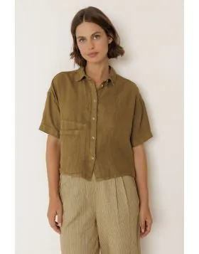 Indi and Cold Crop Linen Shirt In Khaki