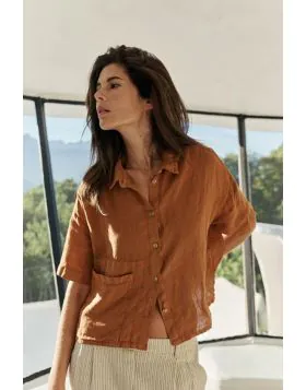 Indi and Cold Crop Linen Shirt In Rust