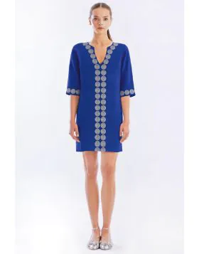 Haris Cotton Embellished Short Linen Dress In Sapphire