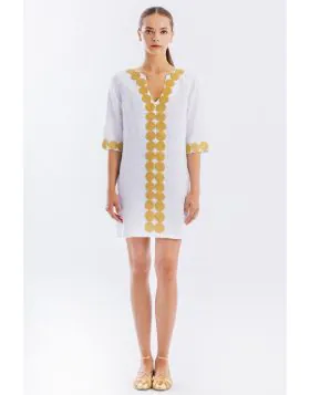 Haris Cotton Embellished Short Linen Dress In White
