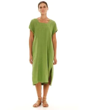 Haris Cotton Smock Linen Dress with Split Hem In Avocado