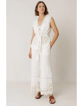 Indi and Cold Embroidered Hem Pant In Ecru