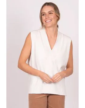 An easy vest by Fields gives you multiple styling options. In a Wool Cotton, the sleeveless vest has a V neck and dip hem and is finished with ribbed trims along the neckline and hem. Style it however you like. FK5003.
