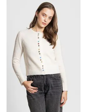 Elevate your layering game with our charming crew cardigan. This crew cardigan blends classic style with playful detailing, making it a delightful and cozy addition to any knitwear collection. Classic crew neckline offering a timeless silhouette Button fr