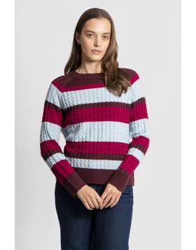 Fields Cable Colour Block Pullover In Berry Stripe