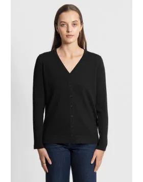Our luxurious fine gauge V neck cardigan is a layering essential for cooler months. It is beautifully crafted, made in an easy-care construction. Featuring a regular fit silhouette, a classic v neck button front, full fashioned shoulders, and flat jersey 