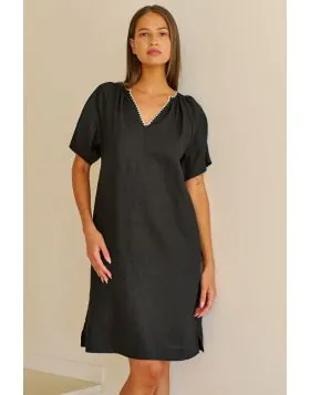 Naturals Blanket Stitch Gathered Dress In Black
