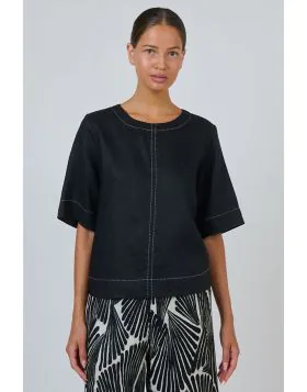 Clean lines with artful detailing. This GA724A top features a simple round neckline, relaxed short sleeves, and distinctive contrast topstitching that adds subtle dimension. A charming keyhole closure with button detail at the back completes this breathab