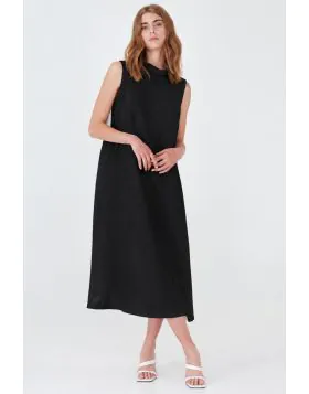 Haris Cotton Maxi Linen Dress With Back Tie In Black