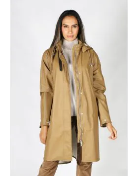 Image of a knee-length, black Ilse Jacobsen raincoat made from waterproof fabric. The coat features a front zip and button closure, a drawstring hood, and two large pockets at the hips. The coat has a flattering A-line shape and is ideal for keeping dry i
