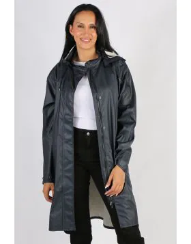 Image of a knee-length, black Ilse Jacobsen raincoat made from waterproof fabric. The coat features a front zip and button closure, a drawstring hood, and two large pockets at the hips. The coat has a flattering A-line shape and is ideal for keeping dry i