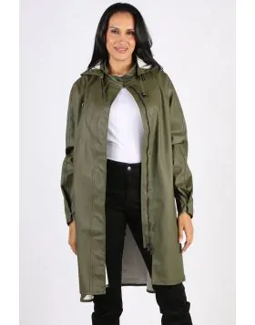 Image of a knee-length, black Ilse Jacobsen raincoat made from waterproof fabric. The coat features a front zip and button closure, a drawstring hood, and two large pockets at the hips. The coat has a flattering A-line shape and is ideal for keeping dry i