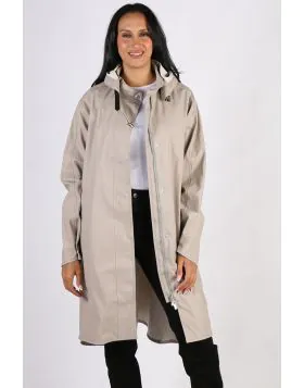 Image of a knee-length, black Ilse Jacobsen raincoat made from waterproof fabric. The coat features a front zip and button closure, a drawstring hood, and two large pockets at the hips. The coat has a flattering A-line shape and is ideal for keeping dry i