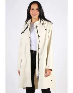 Image of a knee-length, black Ilse Jacobsen raincoat made from waterproof fabric. The coat features a front zip and button closure, a drawstring hood, and two large pockets at the hips. The coat has a flattering A-line shape and is ideal for keeping dry i