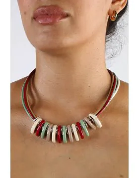 Resin beads on 4 rows leather cords necklace, 45cm in Red Green Multi and Gold with magnetic clasp. NM425R.
