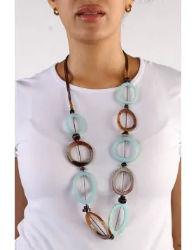 Resin circles strung with wax cords necklace in 80cm in Blue and Brown color.NF83 25.
