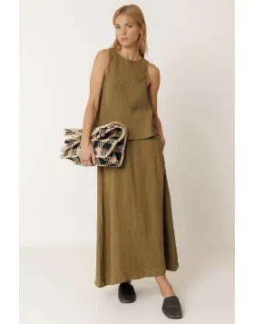 Indi and Cold Long Linen Bias Skirt In Khaki