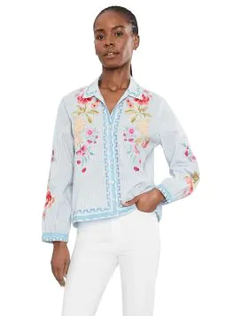 Johnny Was Angela shirt, crafted of a cotton blend, is designed with a stripe and delicate embroidery. Angela is an elegant piece that pairs beautifully with denim or trousers for a refined look that transitions from day to night. The collared shirt featu