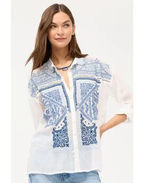 Crafted from a lightweight, flowing fabric, the Bandana Slim Audrey Collared Shirt features an intricate embroidered pattern. Designed with a button front and drop shoulders, this beautifully embellished blouse in crepe is finished with roll tab sleeves a