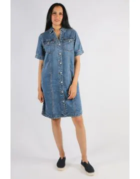 The Soft Denim Short Sleeve Dress is crafted from lightweight, breathable denim for all day comfort. Its relaxed silhouette and short sleeves along with front button closure, shirt collar and knee length look, make it a versatile staple, perfect for effor