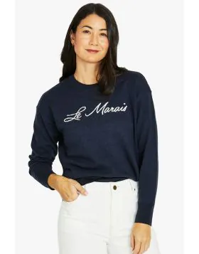 Introducing the Le Marais Pullover, perfect for layering or solo wear. The Le Marais Pullover offers a classic yet contemporary look with its simple design, comfortable fit and chic intarsia knit text. The silhouette is relaxed, providing ease of movement