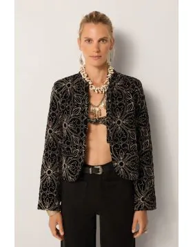 Oozing Luxury, this Odette Jacket is that special piece in your wardrobe that is bound to elevate any look. The overall floral embroidered velvet edge to edge jacket, the cropped length keeps it contemporary and sleek. Pair it with easy basics, even a whi