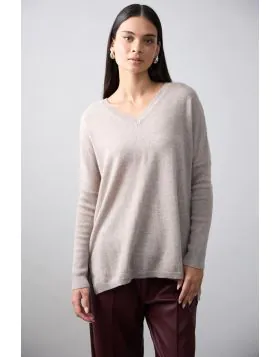 Mia Fratino V Neck Boyfriend Jumper In Toast