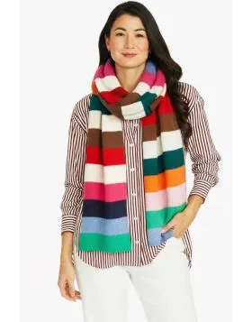 Brighten your winter wardrobe with the playful charm of the Jump Multi Stripe Scarf. Featuring bold, vibrant stripes in a mix of pink, red, emerald, navy, orange, chocolate, and soft pastel tones, this eye-catching accessory adds instant personality to an