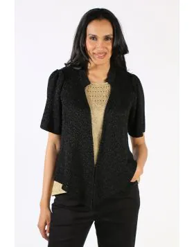 Layer up with a glint of glam with this Cardigan in Ping Pong. In Lurex, the front open short sleeves, edge to edge cardigan is your perfect go to, to amp up any basic tank or tee. Style this cardi over easy tank or tees and pants to elevate any look. Sty