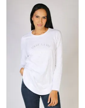 An easy white shirt gets an upgrade by Threadz. With a silver print print, has a round neck, long sleeves and a rounded hem. Style it with easy denims and sneakers for an easy look. Style 42656.
