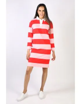 A modern classic rugby dress by Threadz is what you need to be on the go. Overall stripes, a contrasting collar and ribbed cuff sleeves, what is not to love. Style this knee length dress with Sneakers as you go about town in style. Style 41509T.
