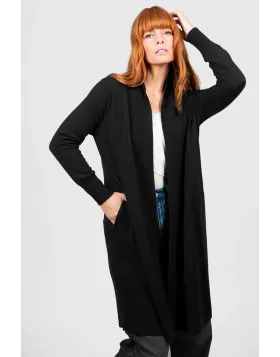 Longline elegant open front cardigan with a floaty silhouette that falls loosely on the body. Hidden side seam pockets and set in long slim sleeves with rib cuffs give a sophisticated presentation. It is ideal for snuggling when it is cold, paired with a 