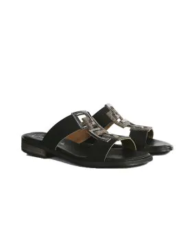 Step out in style with these chic black slip on sandals, designed for both comfort and sophistication. Featuring a sleek dual strap design adorned with metallic geometric accents, these sandals add a touch of modern glamour to any outfit. The cushioned fo