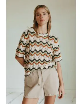 Indi and Cold Zig Zag Crochet Sweater In Apple