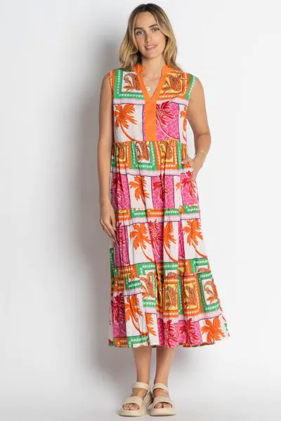 Fun and bright tones are the order of the season and this Angelika Dress embodies just that. In an overall printed cotton, the sleeveless dress has a tiered design in midi length with contrasting trim details. Style this dress with easy summer slides or s