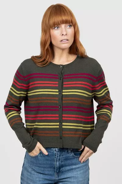 Add a vibrant touch to your knitwear collection with the Lucia Multi Stripe Cropped Cardigan a joyful expression of colour and contemporary design. This cardigan features bold, multi colour stripes across the chest and sleeves, creating a playful yet soph