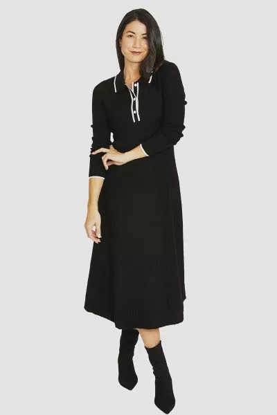 Tipped Collar Black Dress By Jump