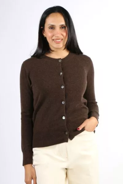 Cashmerism Crew Neck Cardi In Chocolate