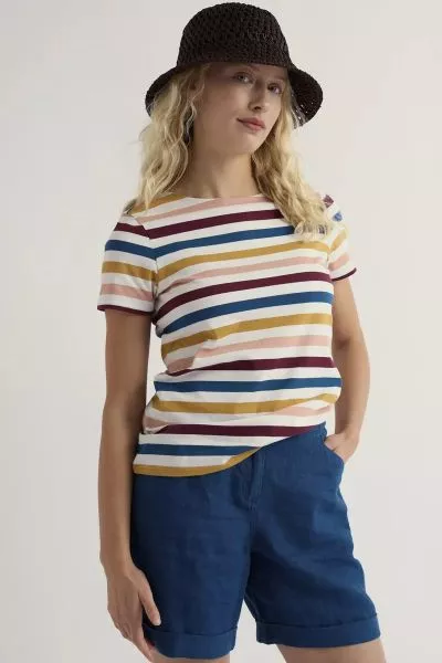 Our Cornish Sailor T Shirt is great way to add a dash of stripes to your wardrobe, with wide, evenly spaced stripes inspired by Cornishware. Made from super soft organic cotton jersey, it has short sleeves and a classic boat neck. Perfect with just about 