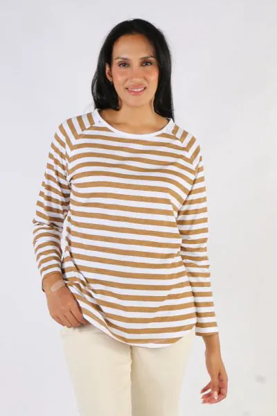 Goondiwindi Cotton Stripe Raglan Tee In Camel