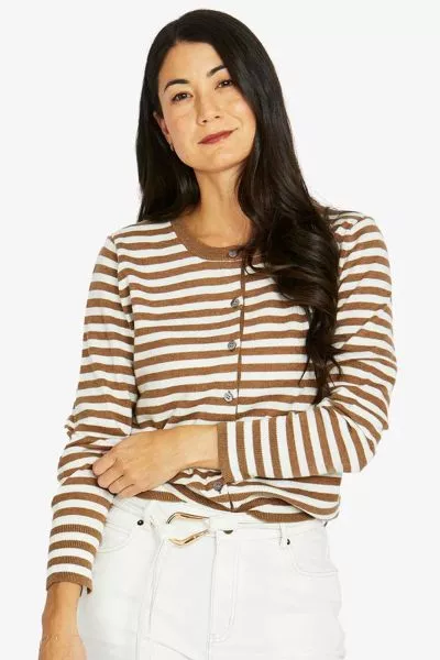 Introducing the Mono Stripe Cardi, this light knit is the perfect transeasonal layer. Featuring a classic crew neck shape with rib detail at neck, cuffs and hem, this style is an essential addition to your wardrobe. The stripe detail will elevate your cas