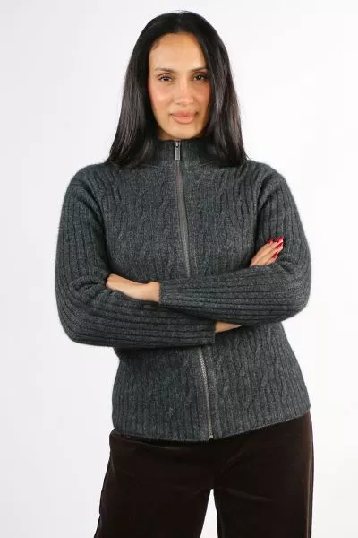 Merino Snug Zip Up Cardi In Charcoal