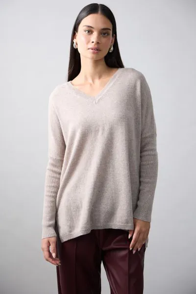 Mia Fratino V Neck Boyfriend Jumper In Toast