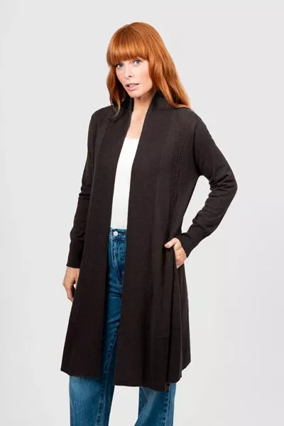 Bridge and Lord Long Line Rib Trim Cardigan In Chocolate