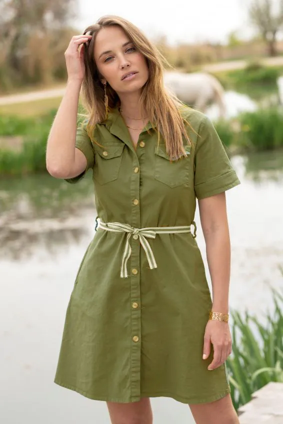 Olive green button dress new arrivals