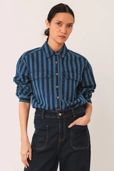 Looking for a classic fit shirt with a twist. This one has a slightly dropped shoulder and patch pockets with flaps. Its enzyme washed cotton and hemp striped fabric gives it a rustic look. It also has a regular fit.AD132.
