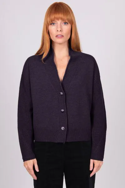 A Boxy fit relaxed cardigan with ribbed shawl collar and detailed, cable panel feature. Dropped shoulders for an easy to wear, relaxed look. High hip length. The collar can be worn high or folded for a roll collar effect. Horn-look buttons for a stylish f