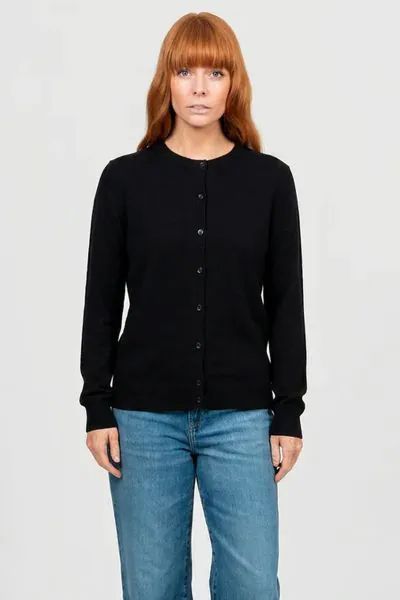 Our Kate Essential Button to Neck Cardi is the perfect all around cardigan. It has a hip grazing length, a Classic button through closure, and a stunning crew neckline. Fitted silhouette, true to size. Wear it over any outfit to add a touch of luxury and 